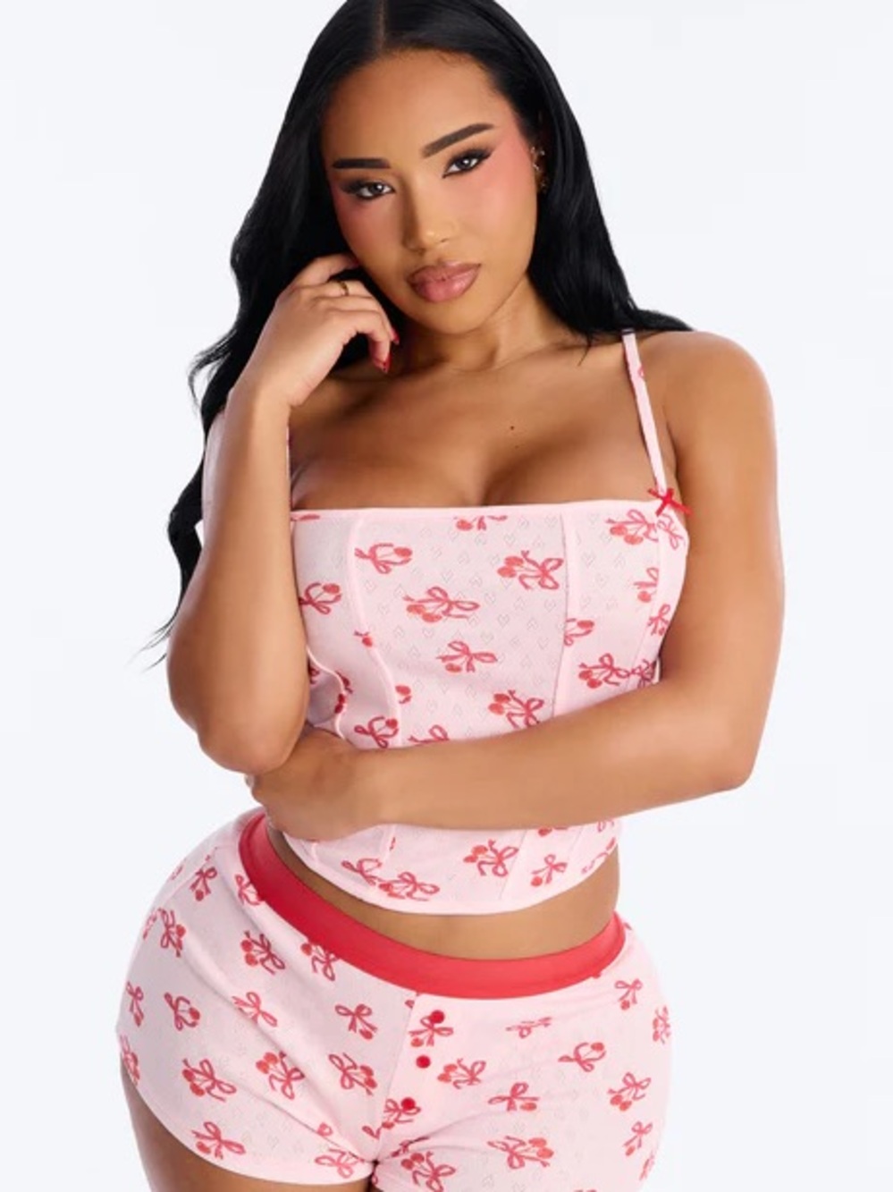 Fashion Nova Pink & Red Bow-Print Cami and Shorts Sleep Set